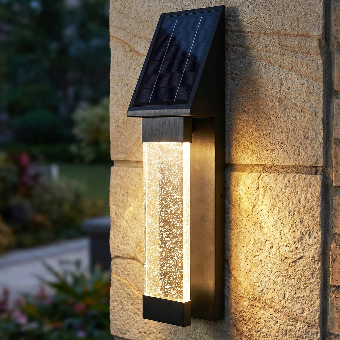 Solar Außenwandleuchte Edelstahl mit Acrylglas Luftblasen LED warmweiß, Solar Wandlampe mit Fernbedienung & Dämmerungssensor, moderne Außenbeleuchtung Garten Terrasse Hauswand