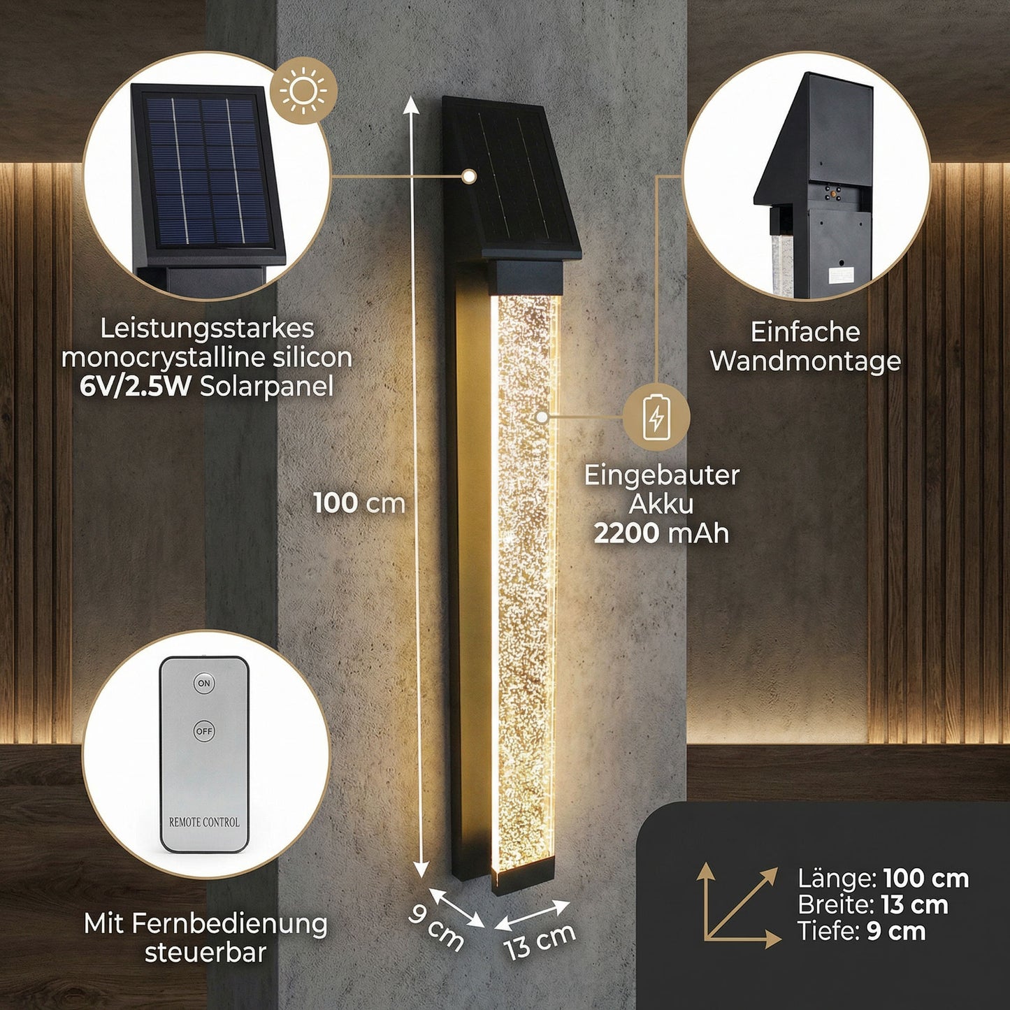 Solar Außenwandleuchte Edelstahl mit Acrylglas Luftblasen LED warmweiß, Solar Wandlampe mit Fernbedienung & Dämmerungssensor, moderne Außenbeleuchtung Garten Terrasse Hauswand