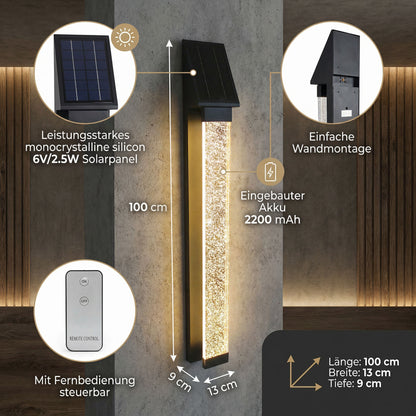 Solar Außenwandleuchte Edelstahl mit Acrylglas Luftblasen LED warmweiß, Solar Wandlampe mit Fernbedienung & Dämmerungssensor, moderne Außenbeleuchtung Garten Terrasse Hauswand