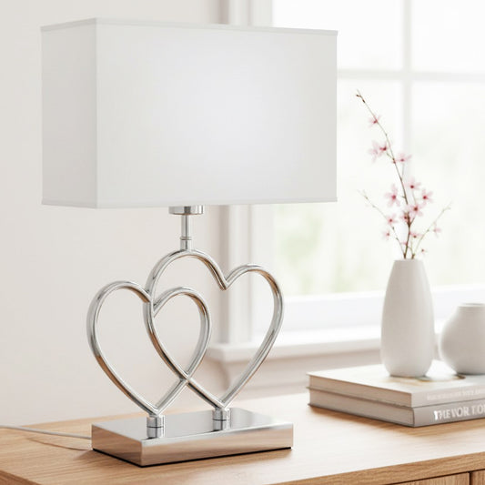 Arnusa Tischleuchte TLC014 mit Doppel Herz Metallfuß in Chromoptik & weißem Stoffschirm – 43 cm Tischlampe mit E27 Fassung, rechteckig, Nachttischlampe Wohnzimmer Schlafzimmer