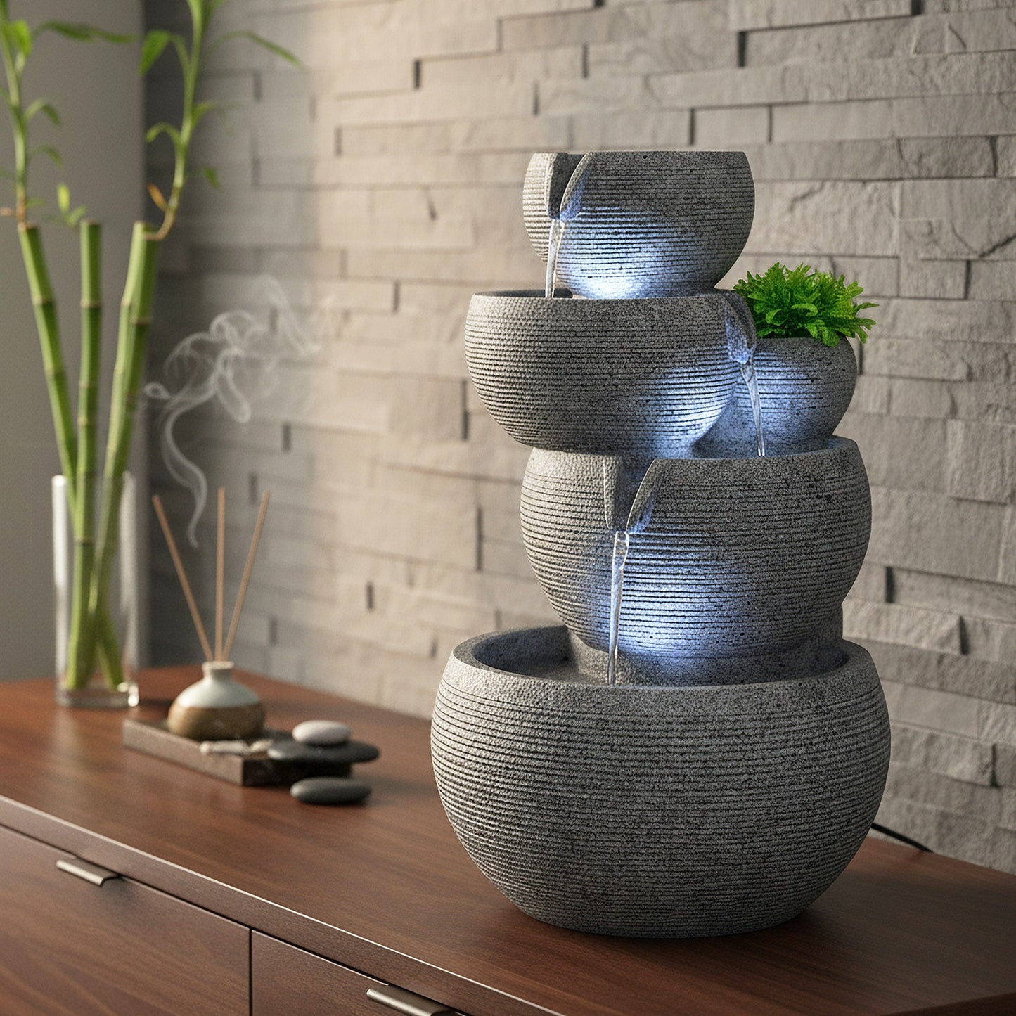 Zimmerbrunnen mit LED Beleuchtung Brunnen Innen- und Außenbereich Granit-Optik Springbrunnen Kaskade 44,5 cm