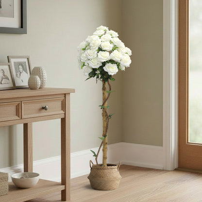 Künstliche Stockrose weiß – Kunstpflanze mit Echtholzstamm – 120 cm / 150 cm – realistische Rosen Deko für Wohnzimmer, Hochzeit, Event & Location