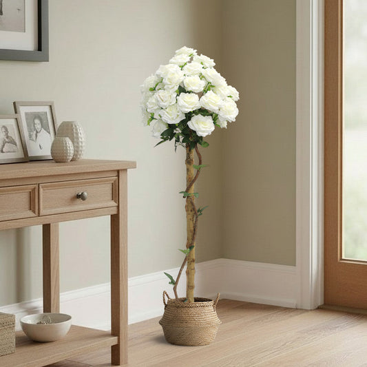 Künstliche Stockrose weiß – Kunstpflanze mit Echtholzstamm – 120 cm / 150 cm – realistische Rosen Deko für Wohnzimmer, Hochzeit, Event & Location