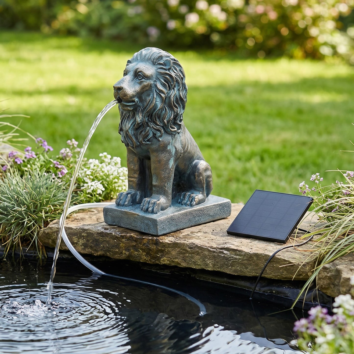 Löwe Solar Brunnen Wasserspeier solarbetrieben – Teichfigur mit Solarpumpe & Wasserspiel – Gartendeko aus Polyresin in Bronze-Optik 21×13x10 cm Solarteichfigur für Gartenteich & Wasserlauf