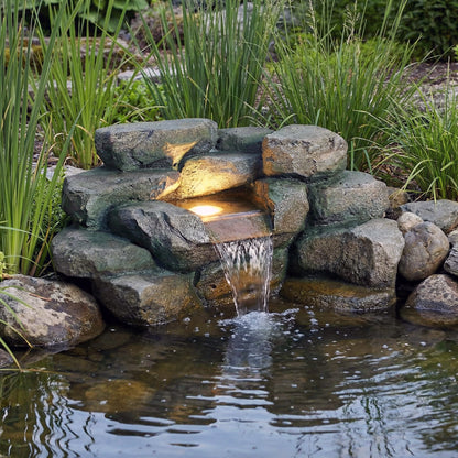 Kunstfelsen Wasserfall mit LED für Teich – Komplett Set inkl. 5W Pumpe & Schlauch Teichdeko in Steinoptik Wasserspiel für Gartenteich
