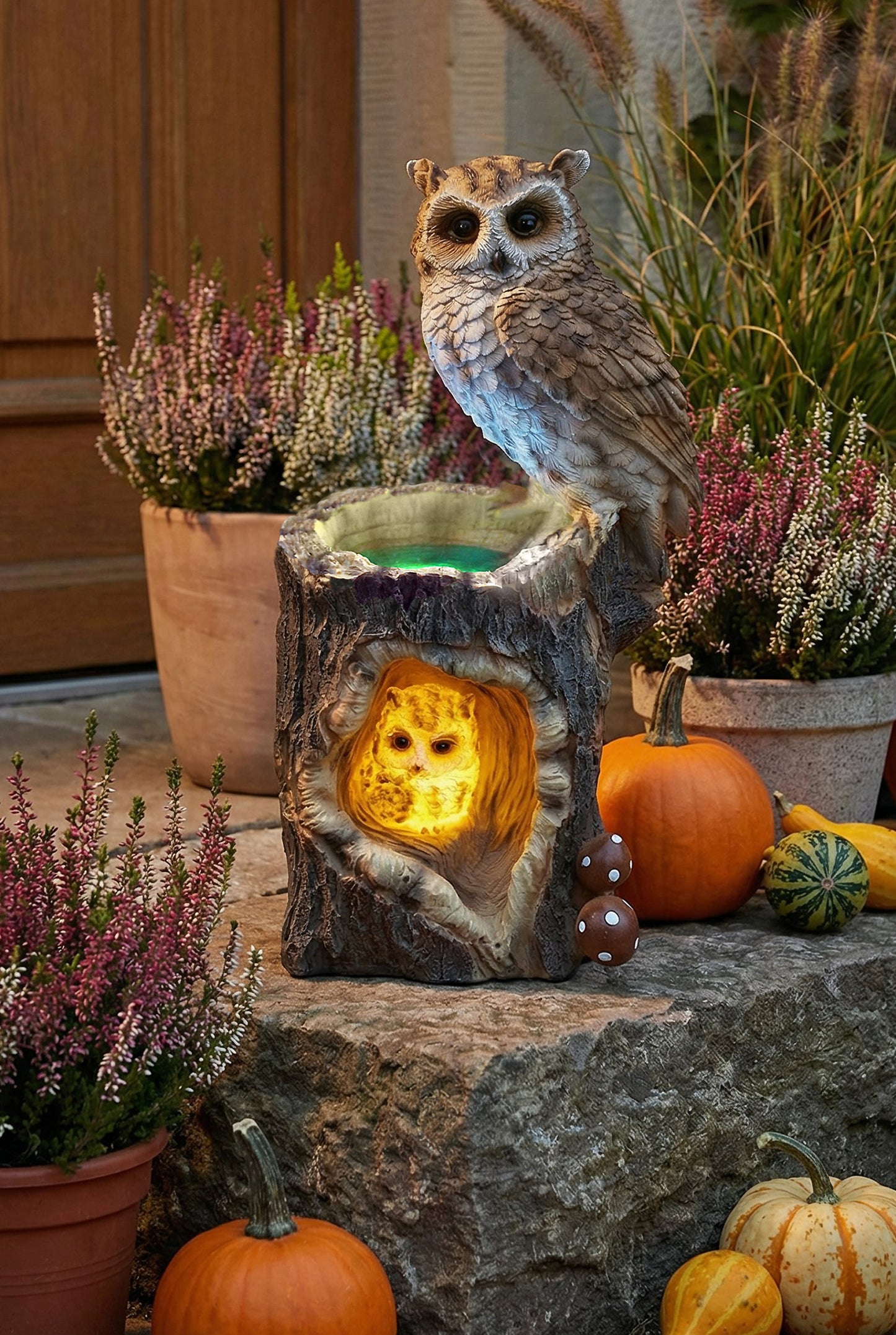 Solar Gartenfigur Eule mit Baumstamm 30 cm Solarleuchte detailreich Gartendeko beleuchtet Tierfigur