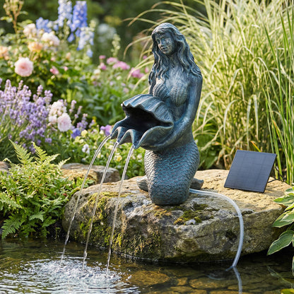 Meerjungfrau Solar Brunnen Wasserspeier solarbetrieben – Teichfigur mit Solarpumpe & Wasserspiel – Gartendeko aus Polyresin in Bronze-Optik 27×14x13 cm Solarteichfigur für Gartenteich & Wasserlauf
