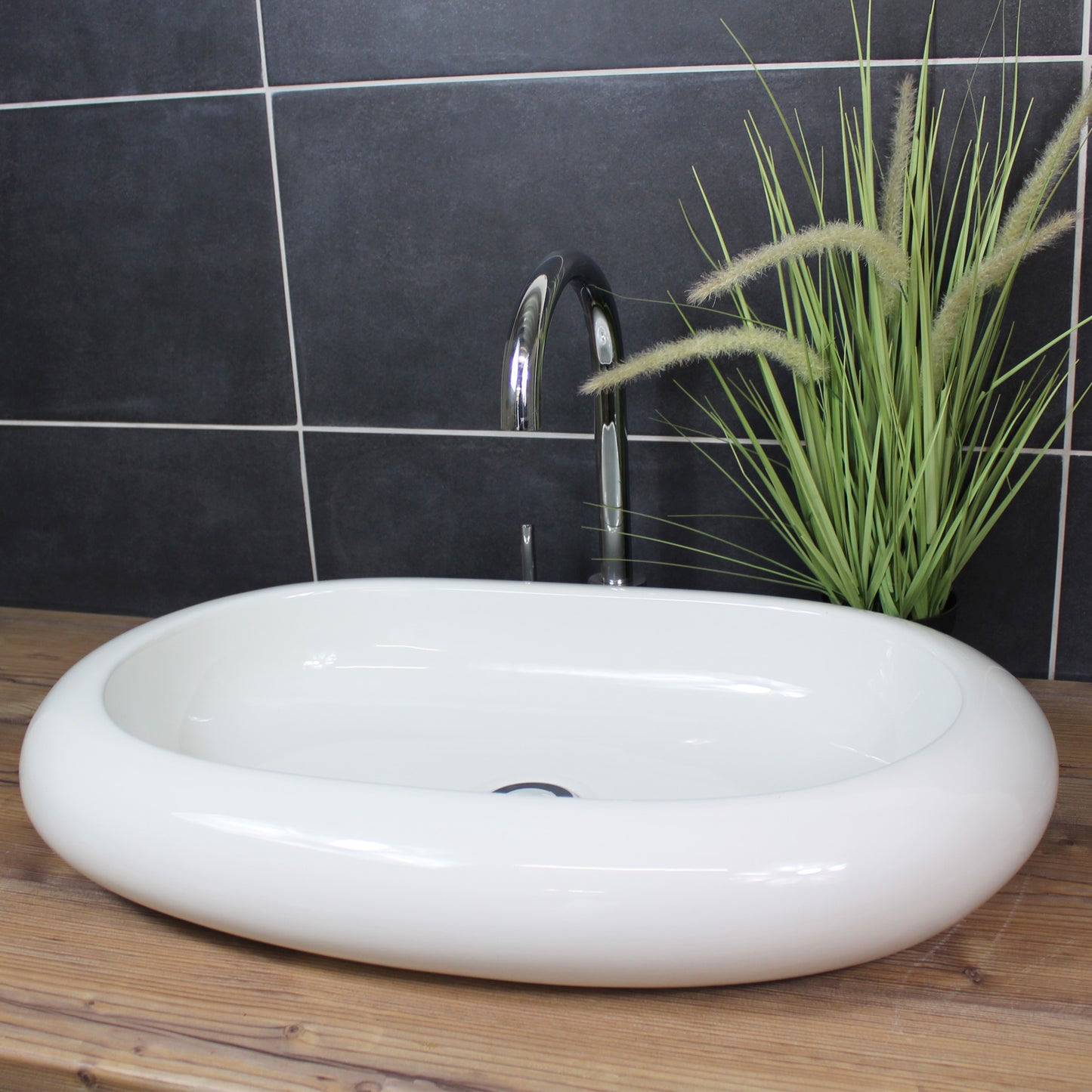 Aufsatzwaschbecken 62 x 40 x 10 cm länglich abgerundet Waschbecken Waschschale Keramik Weiß modern