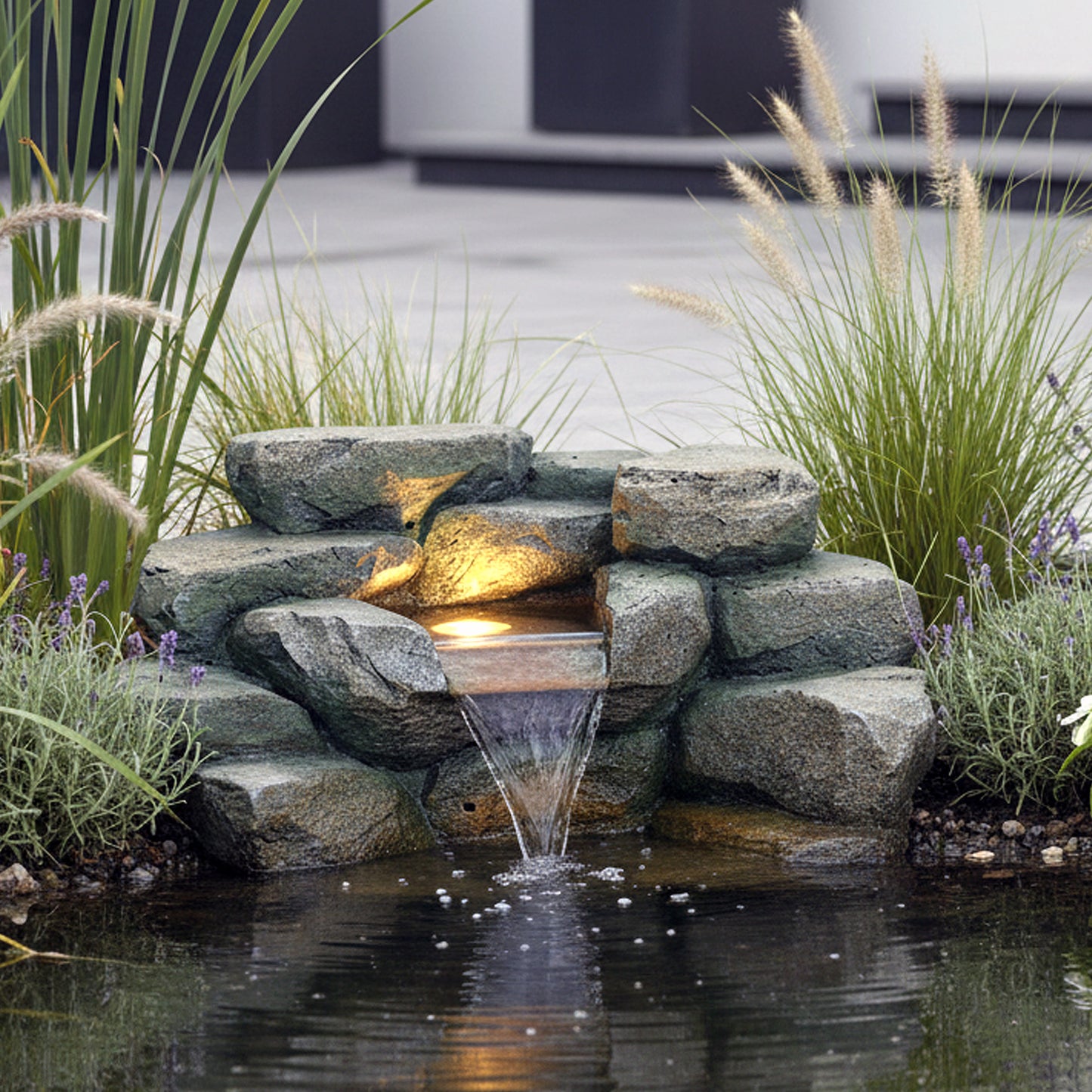 Kunstfelsen Wasserfall mit LED für Teich – Komplett Set inkl. 5W Pumpe & Schlauch Teichdeko in Steinoptik Wasserspiel für Gartenteich