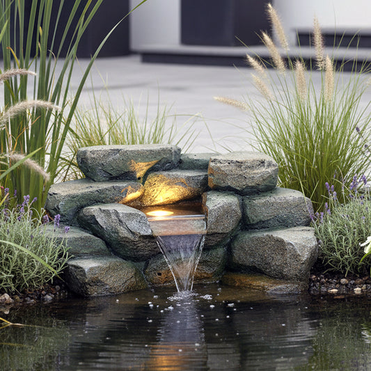 Kunstfelsen Wasserfall mit LED für Teich – Komplett Set inkl. 5W Pumpe & Schlauch Teichdeko in Steinoptik Wasserspiel für Gartenteich