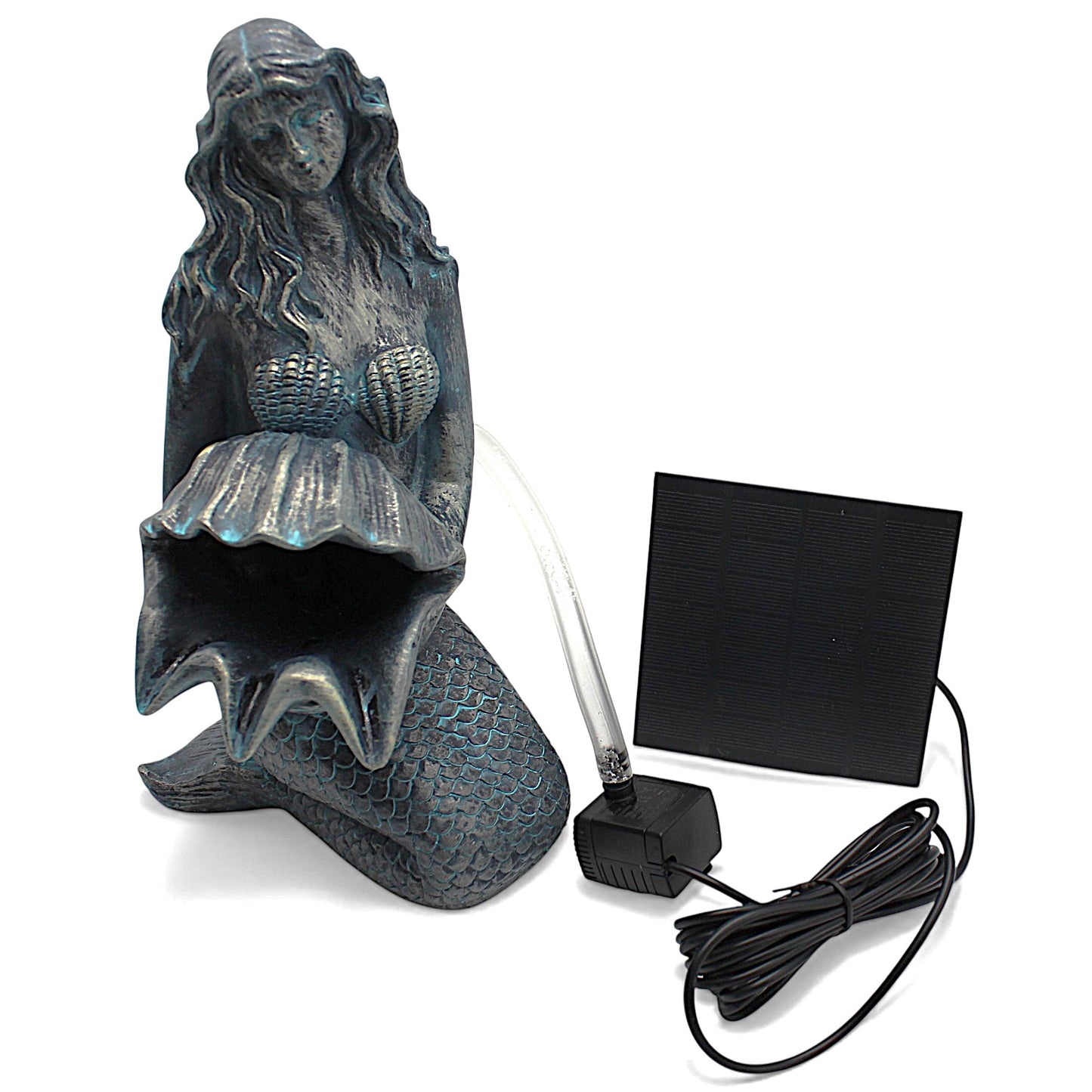Meerjungfrau Solar Brunnen Wasserspeier solarbetrieben – Teichfigur mit Solarpumpe & Wasserspiel – Gartendeko aus Polyresin in Bronze-Optik 27×14x13 cm Solarteichfigur für Gartenteich & Wasserlauf